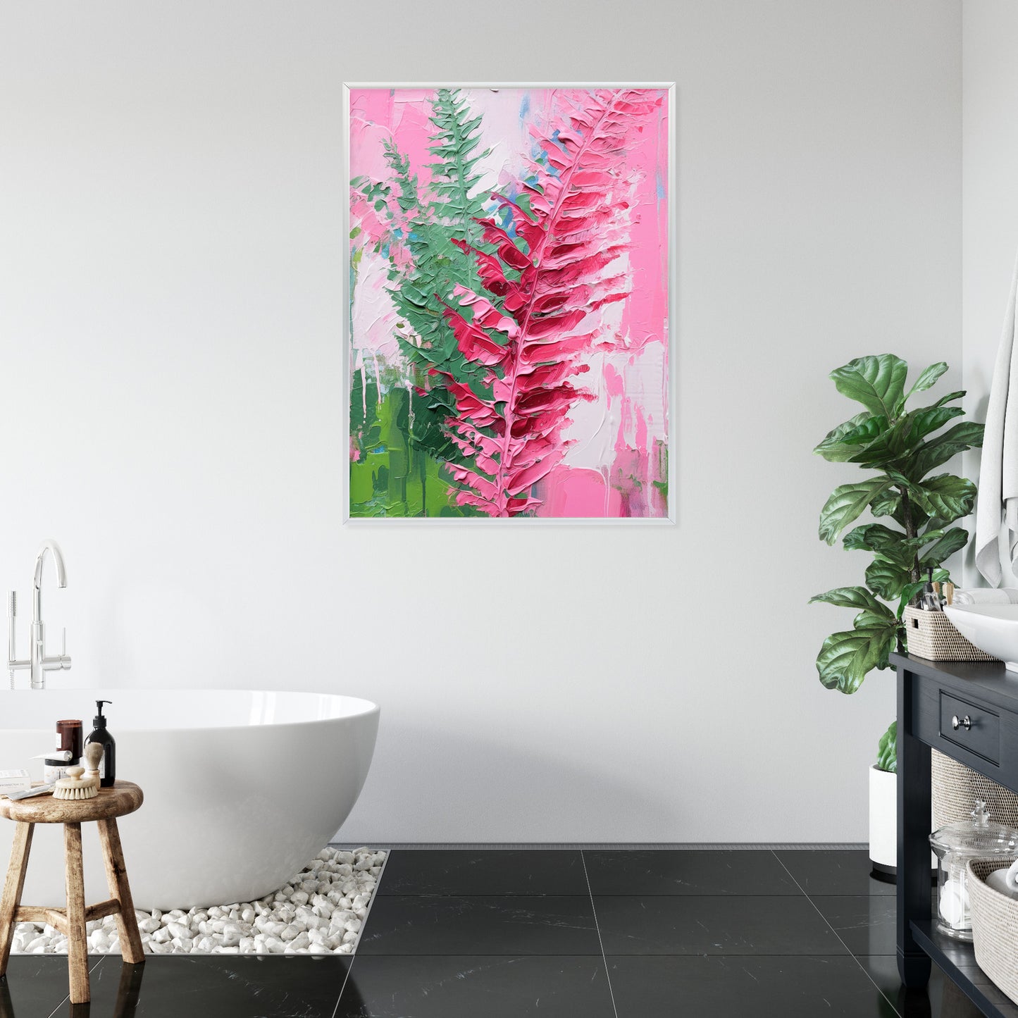 Poster Rosa Farnblätter Rahmen Holz Mit Passepartout Farbe Natürlich
