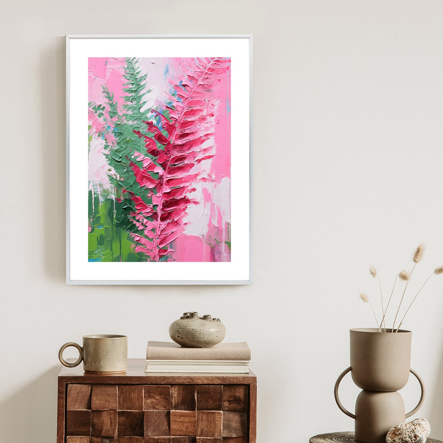Poster Rosa Farnblätter Rahmen Holz Mit Passepartout Farbe Natürlich