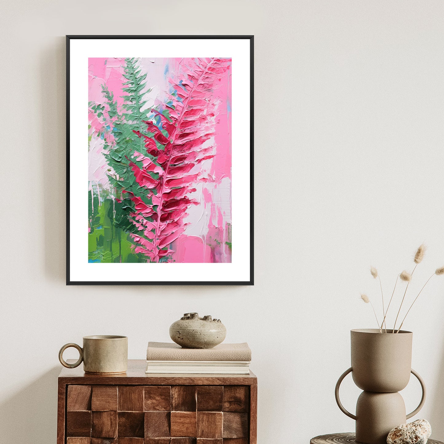 Poster Rosa Farnblätter Rahmen Holz Mit Passepartout Farbe Natürlich