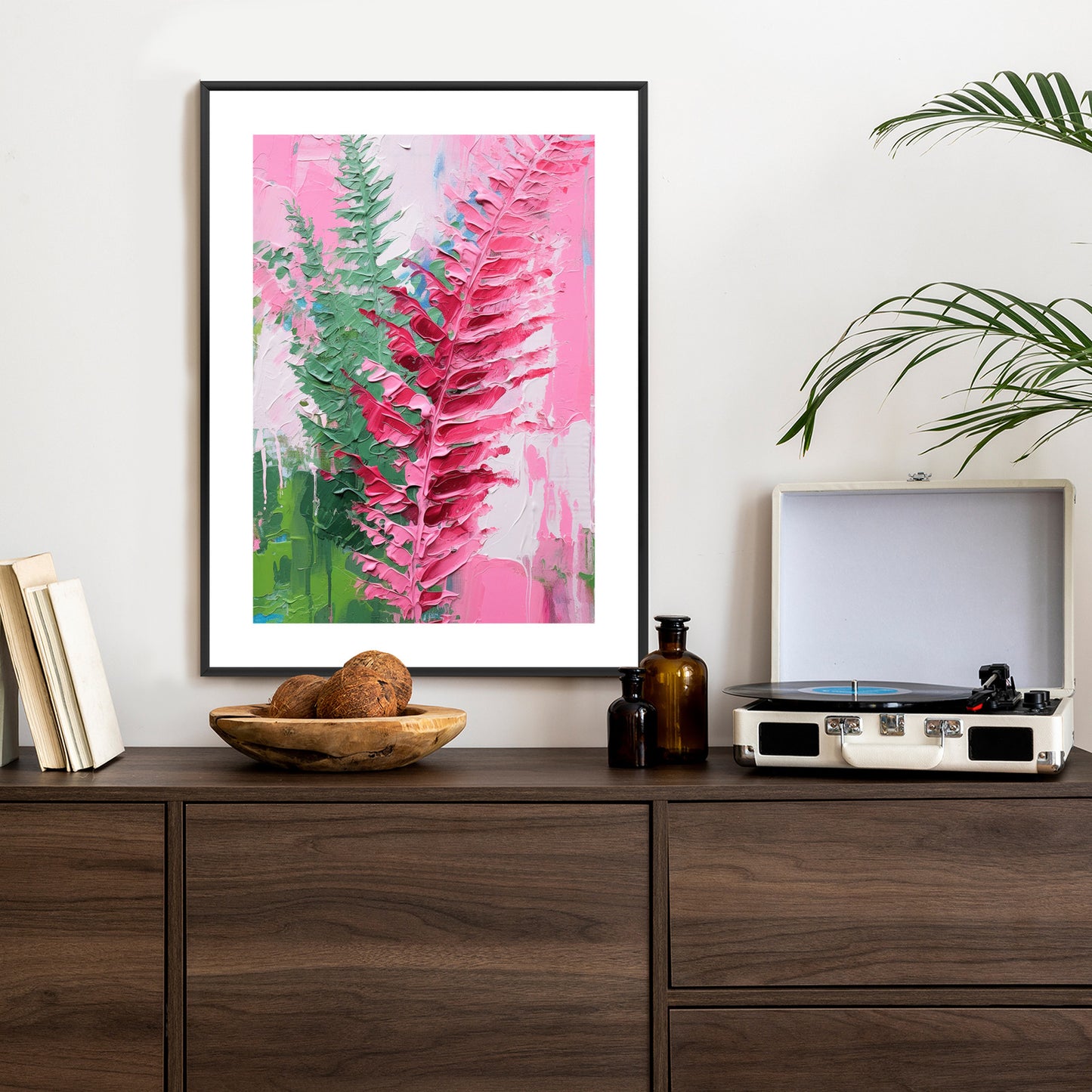 Poster Rosa Farnblätter Rahmen Holz Mit Passepartout Farbe Natürlich
