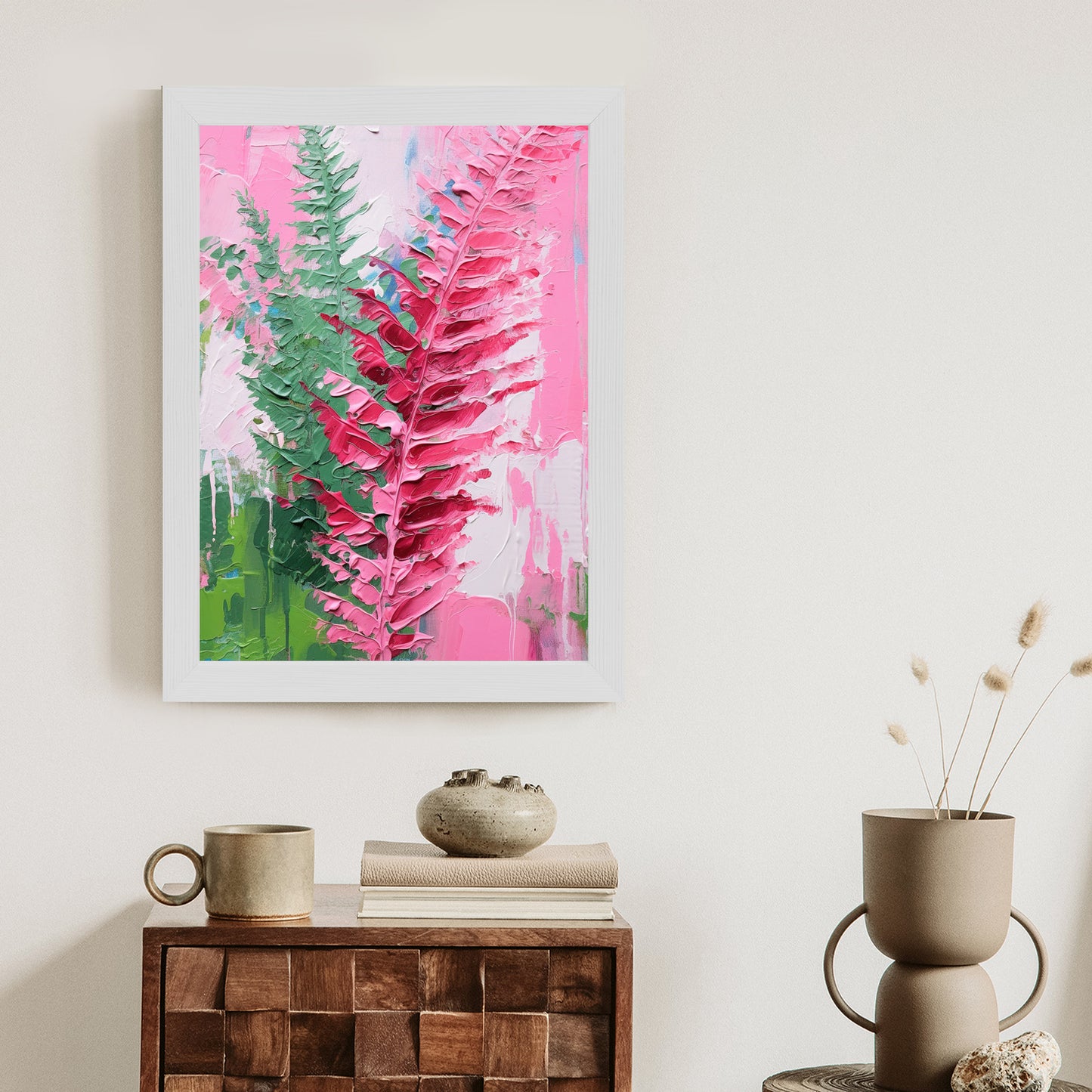 Poster Rosa Farnblätter Rahmen Holz Mit Passepartout Farbe Natürlich