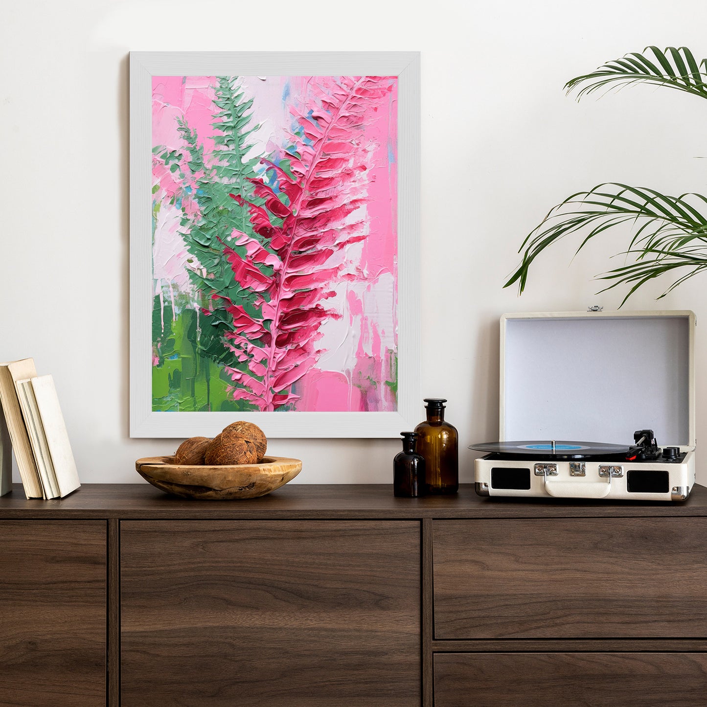 Poster Rosa Farnblätter Rahmen Holz Mit Passepartout Farbe Natürlich
