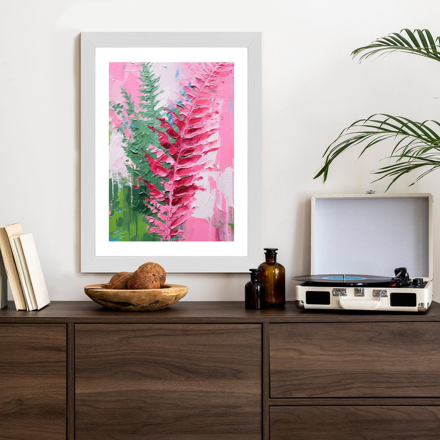 Poster Rosa Farnblätter Rahmen Holz Mit Passepartout Farbe Natürlich