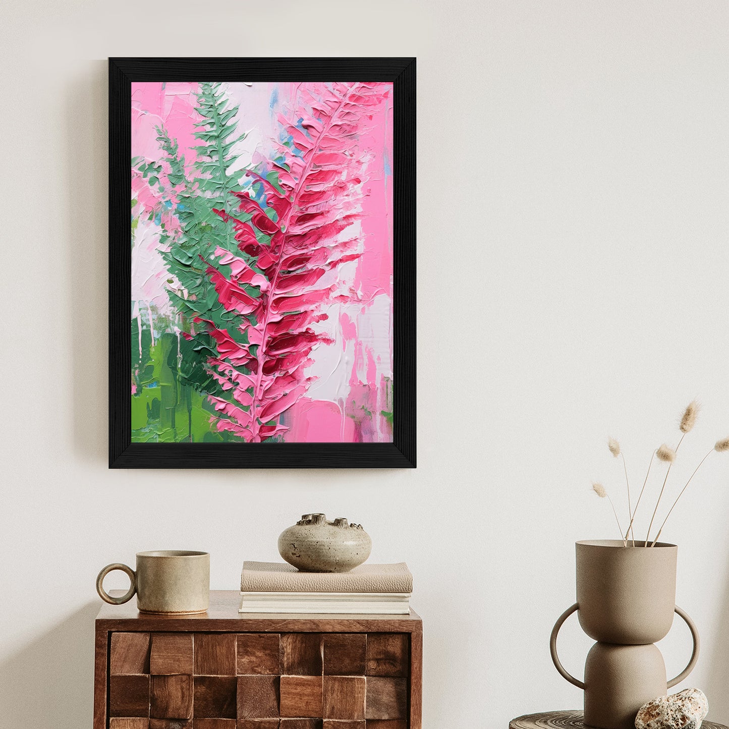 Poster Rosa Farnblätter Rahmen Holz Mit Passepartout Farbe Natürlich