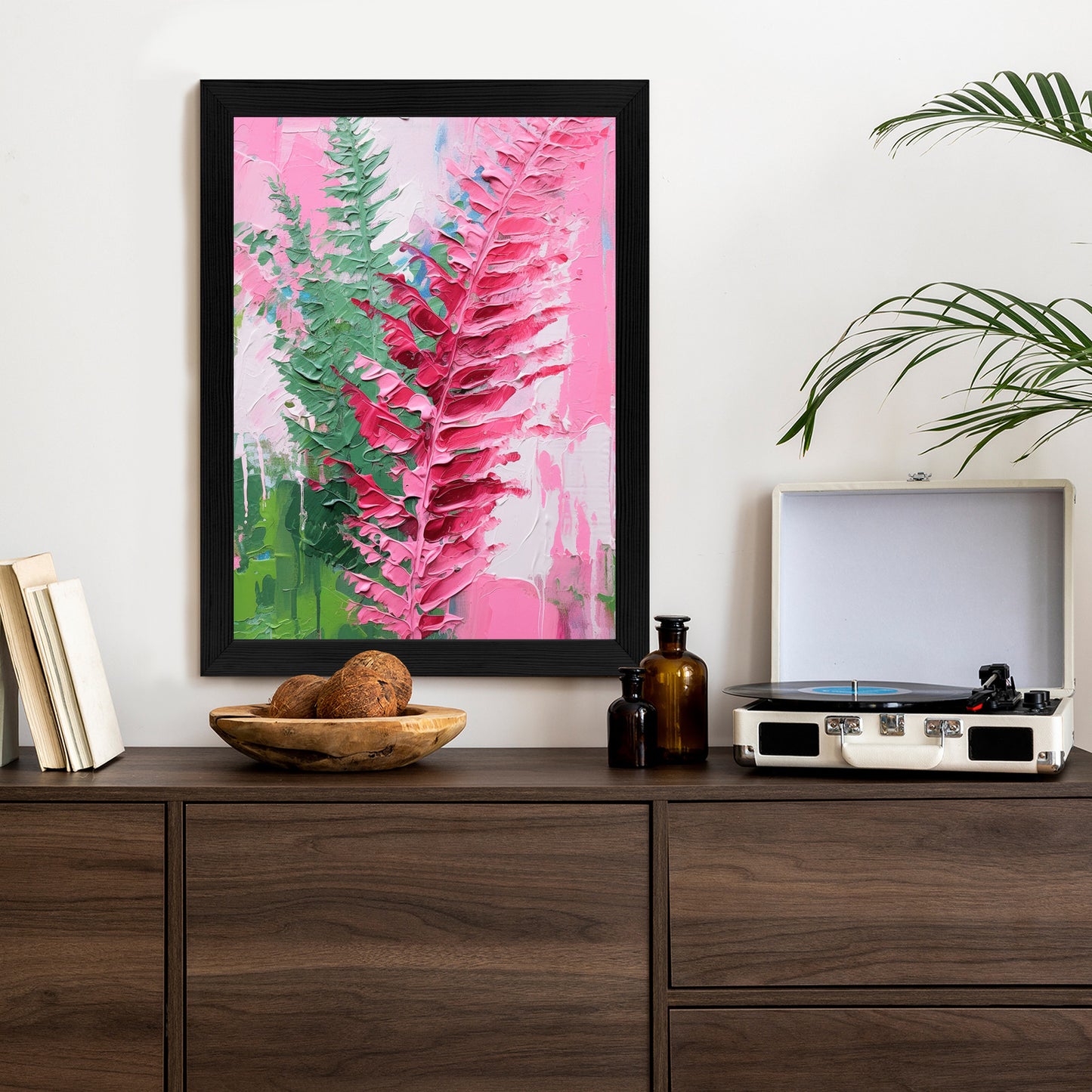 Poster Rosa Farnblätter Rahmen Holz Mit Passepartout Farbe Natürlich