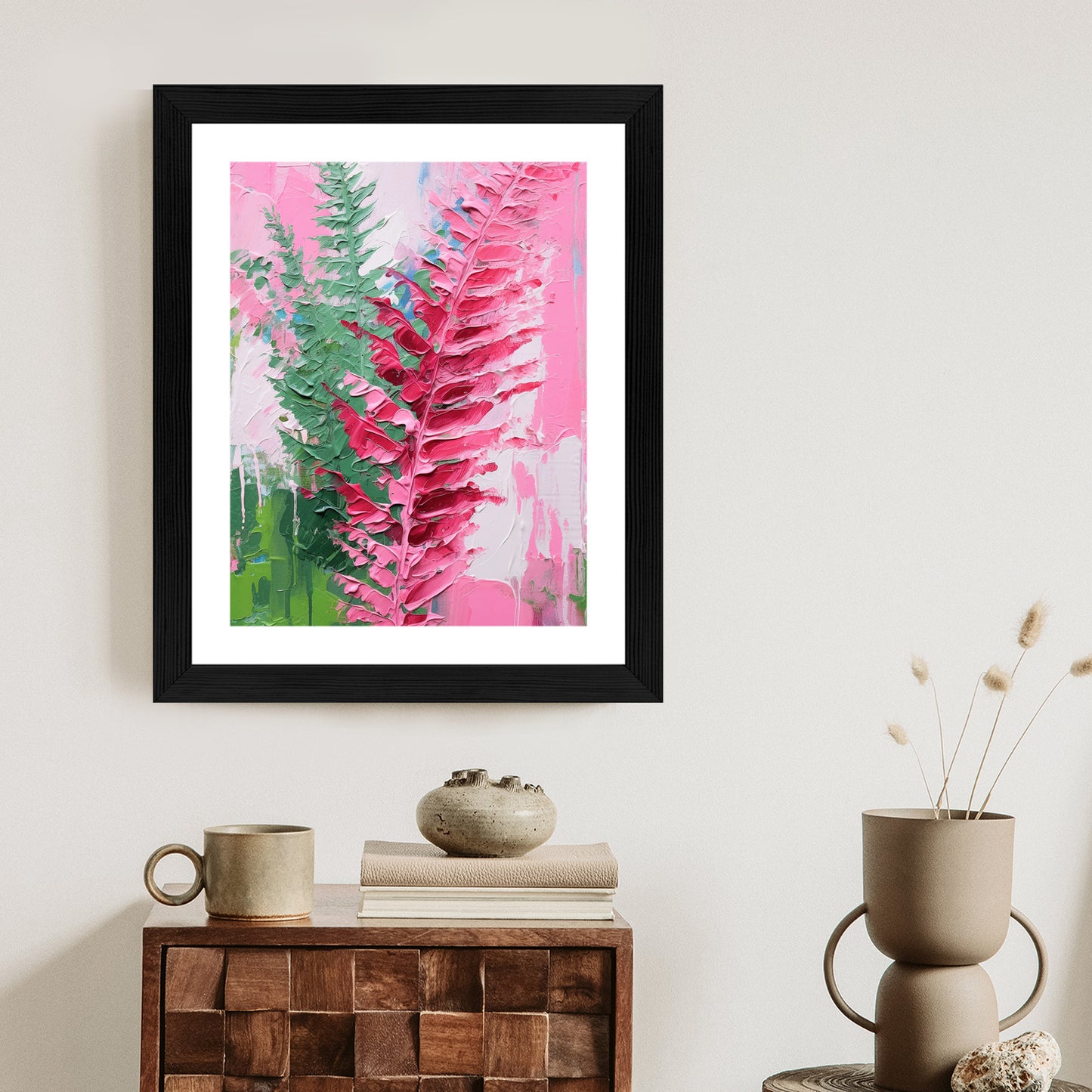 Poster Rosa Farnblätter Rahmen Holz Mit Passepartout Farbe Natürlich