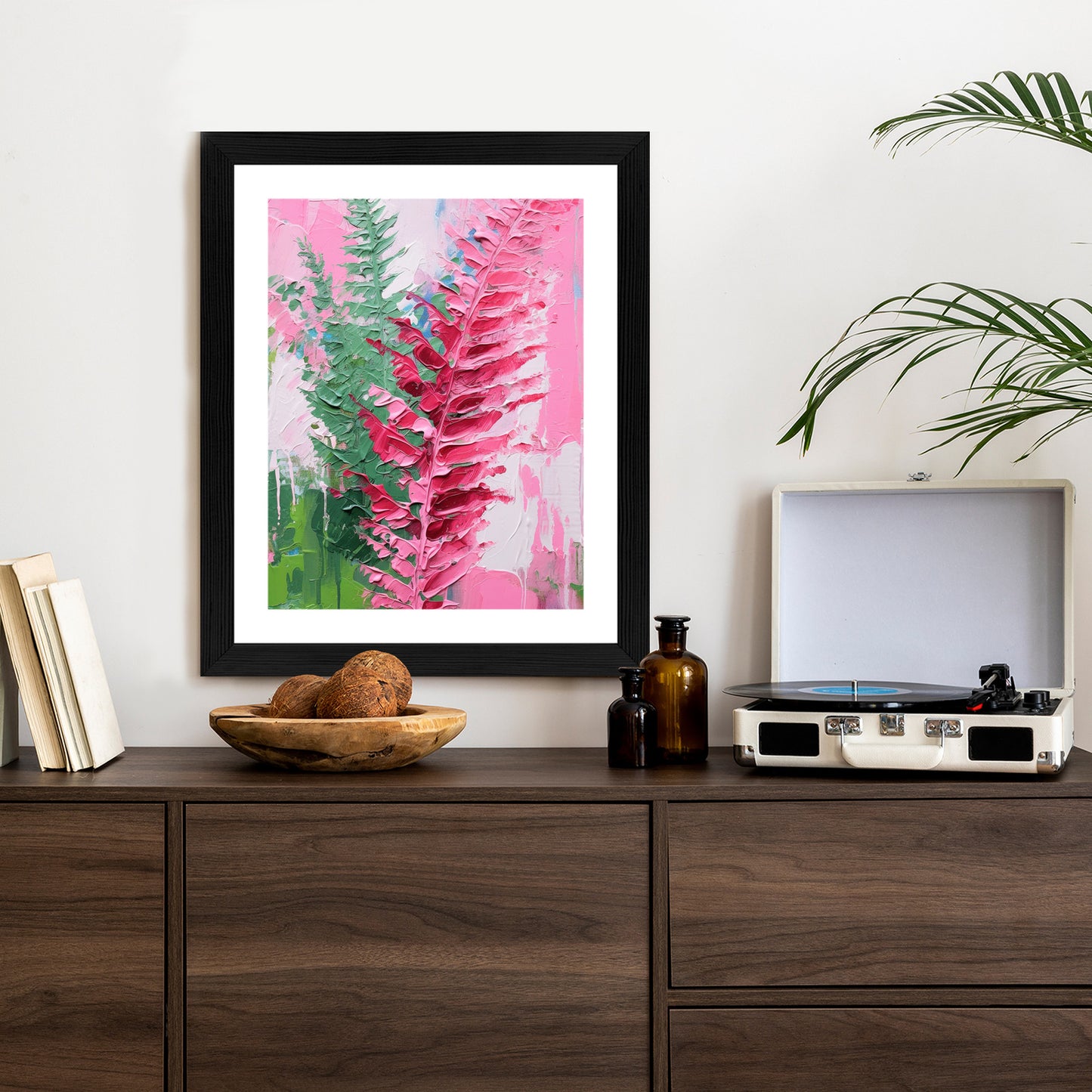 Poster Rosa Farnblätter Rahmen Holz Mit Passepartout Farbe Natürlich