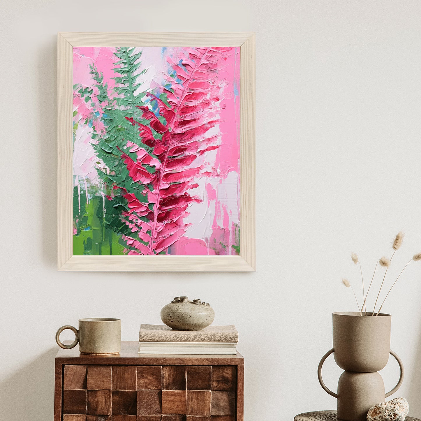Poster Rosa Farnblätter Rahmen Holz Mit Passepartout Farbe Natürlich