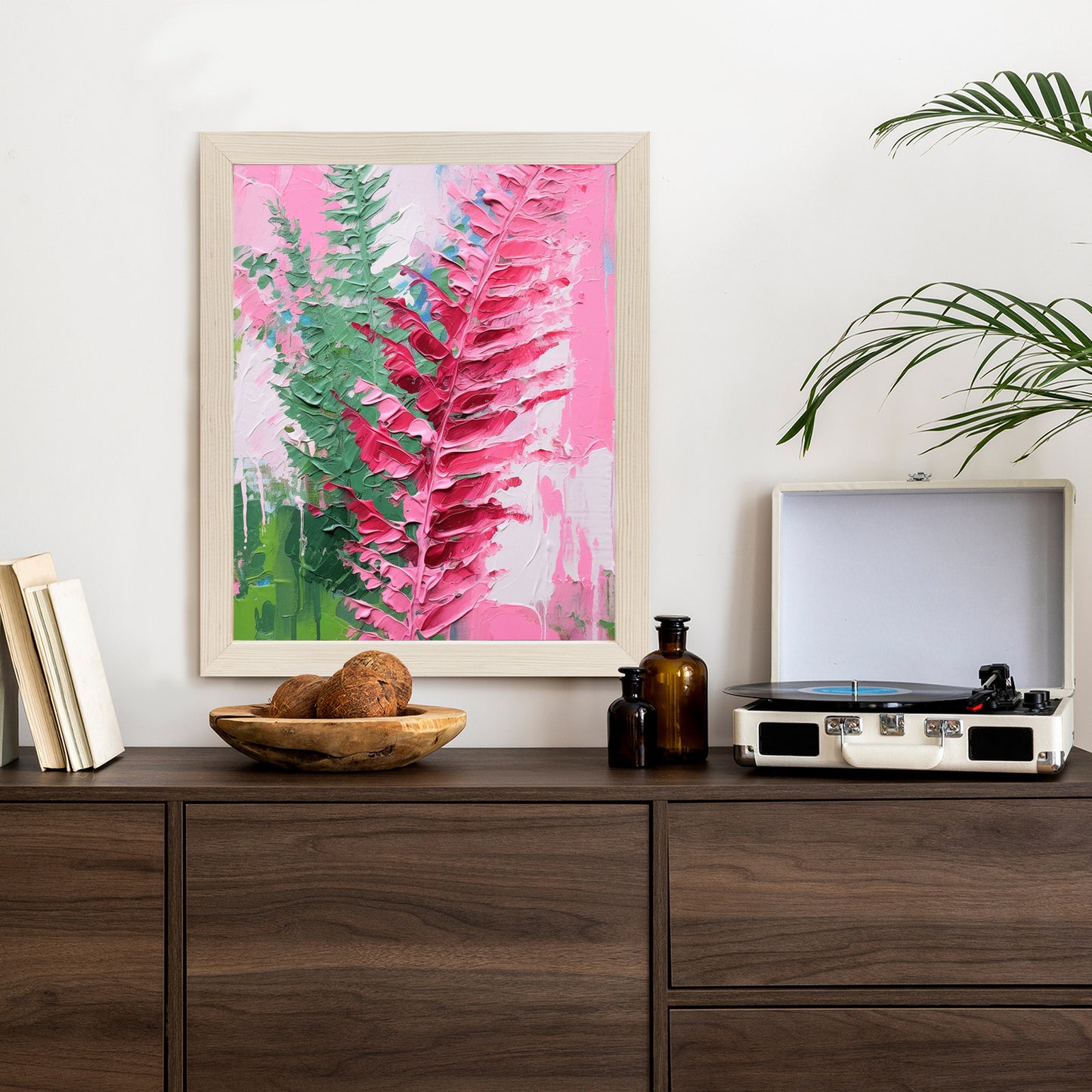 Poster Rosa Farnblätter Rahmen Holz Mit Passepartout Farbe Natürlich