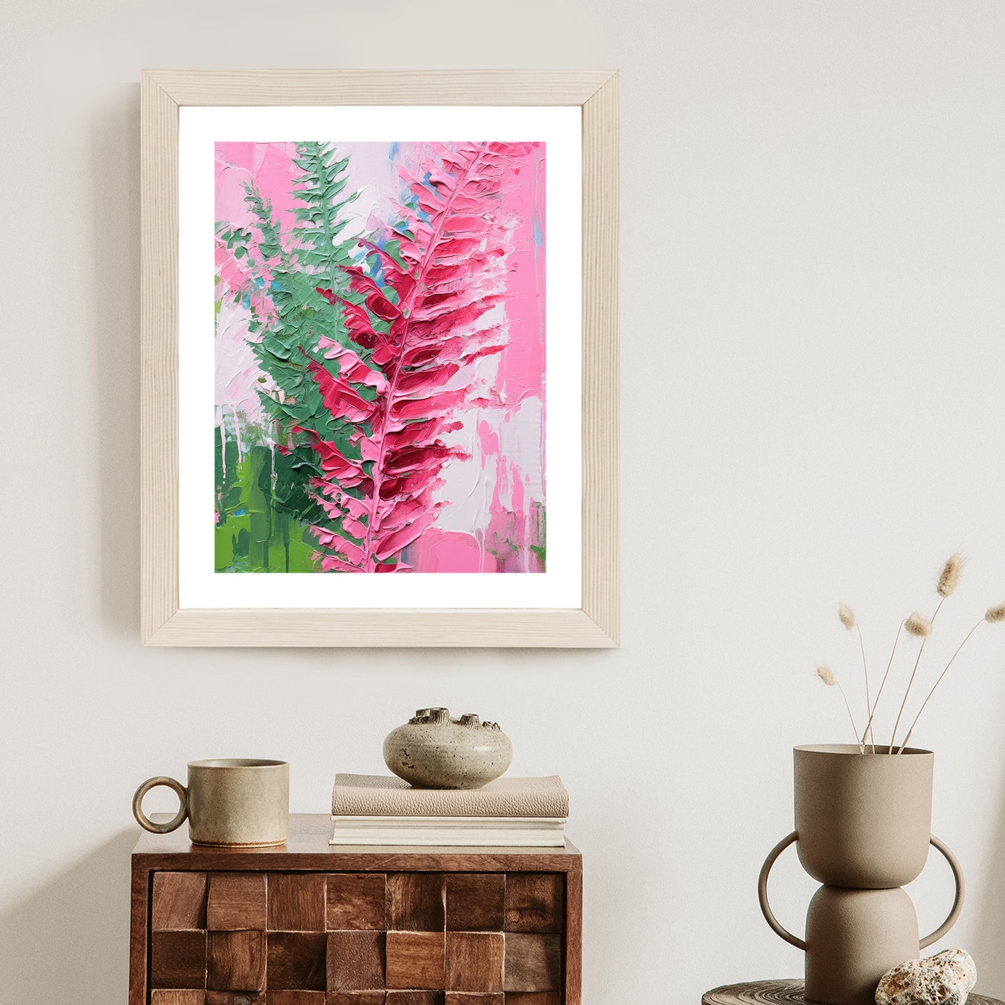 Poster Rosa Farnblätter Rahmen Holz Mit Passepartout Farbe Natürlich