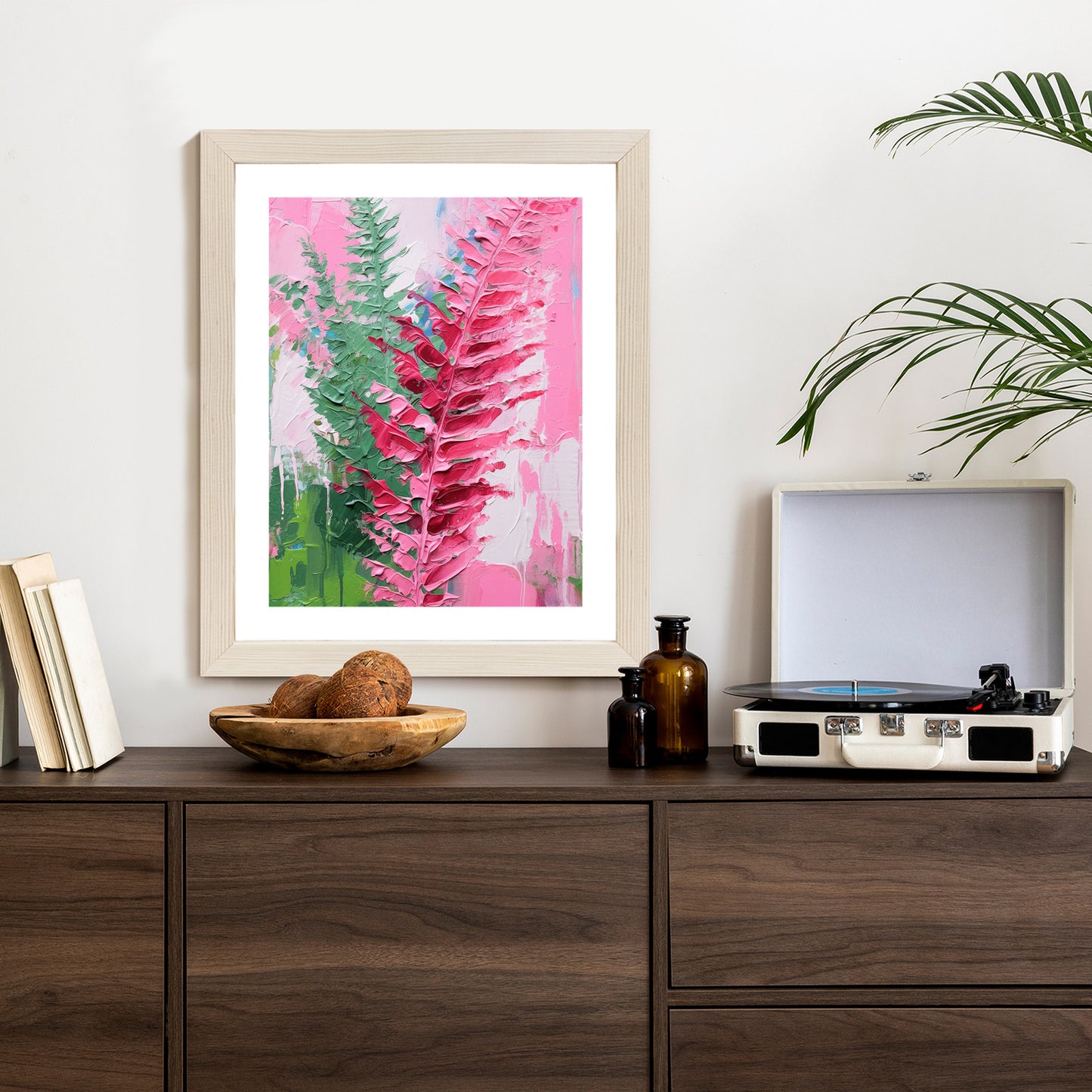 Poster Rosa Farnblätter Rahmen Holz Mit Passepartout Farbe Natürlich