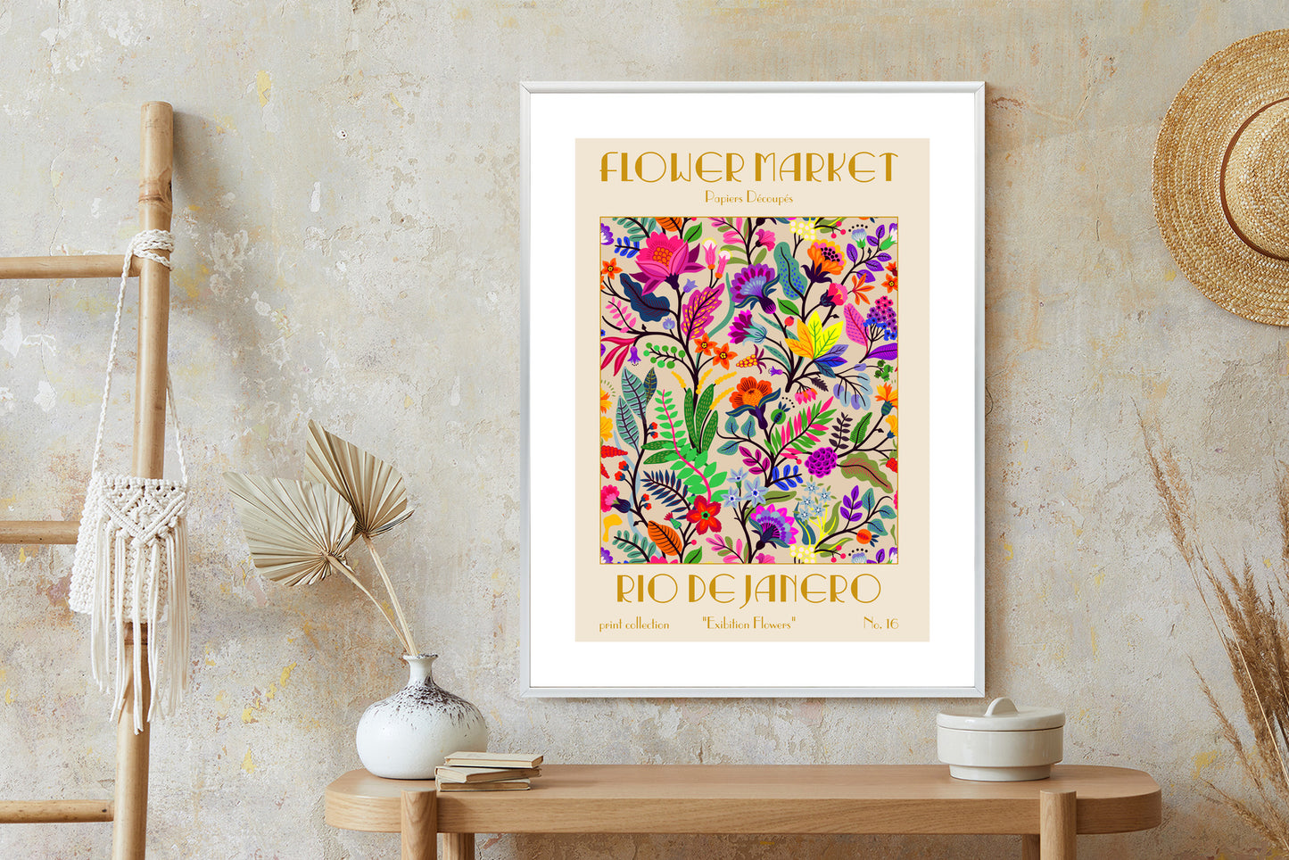 Poster Bunte Blumen Blumenmarkt Rahmen Holz Mit Passepartout Farbe Natürlich