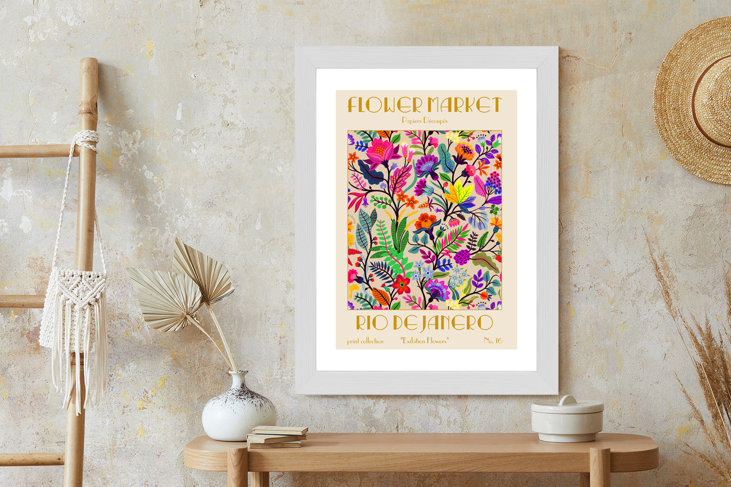 Poster Bunte Blumen Blumenmarkt Rahmen Holz Mit Passepartout Farbe Natürlich