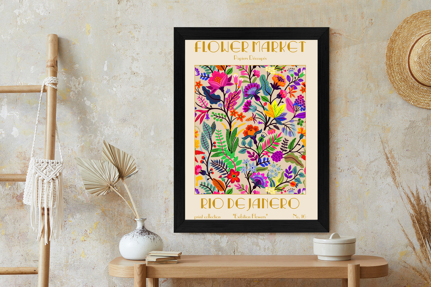 Poster Bunte Blumen Blumenmarkt Rahmen Holz Mit Passepartout Farbe Natürlich