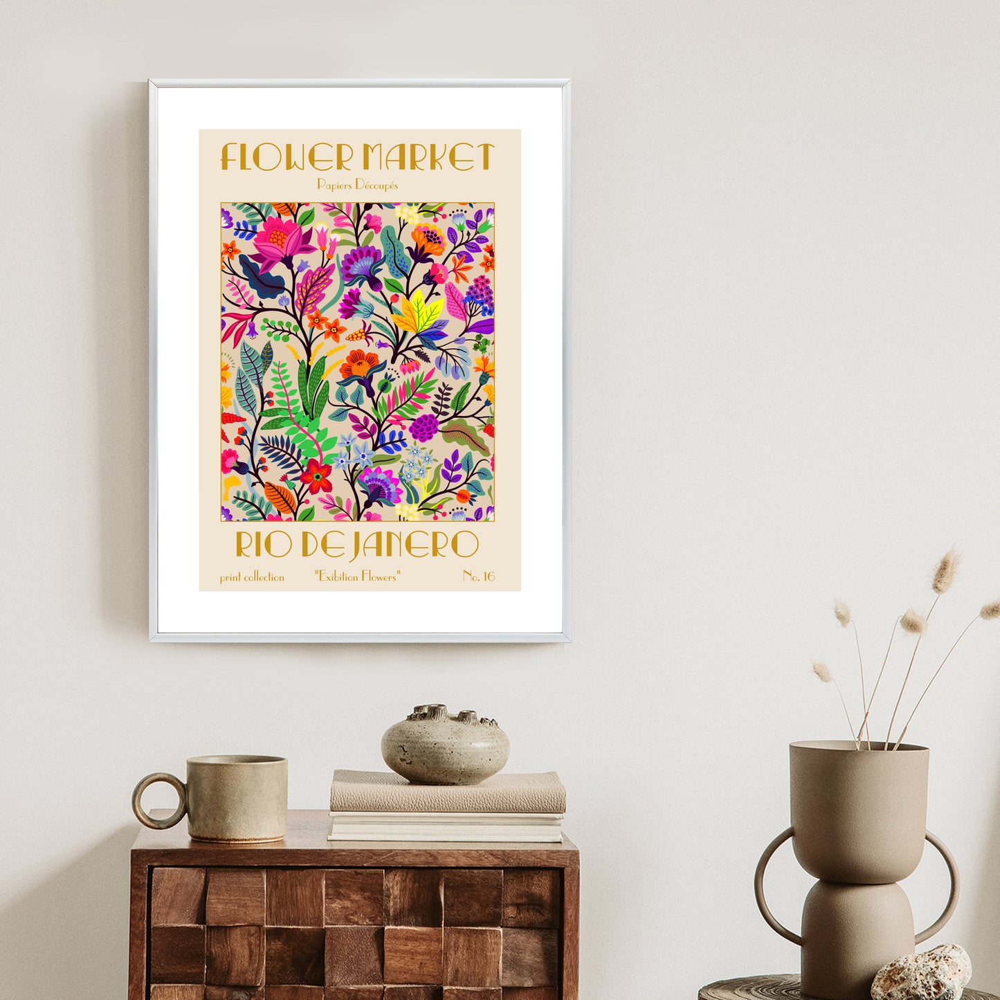 Poster Bunte Blumen Blumenmarkt Rahmen Holz Mit Passepartout Farbe Natürlich