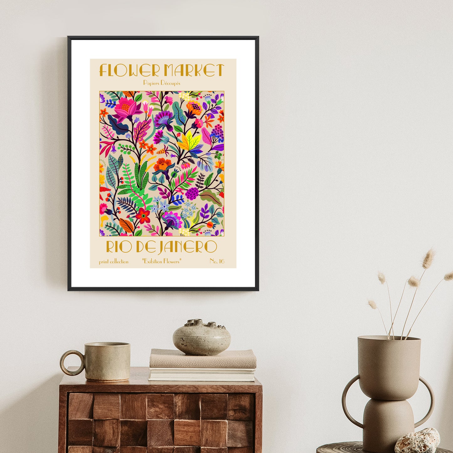 Poster Bunte Blumen Blumenmarkt Rahmen Holz Mit Passepartout Farbe Natürlich