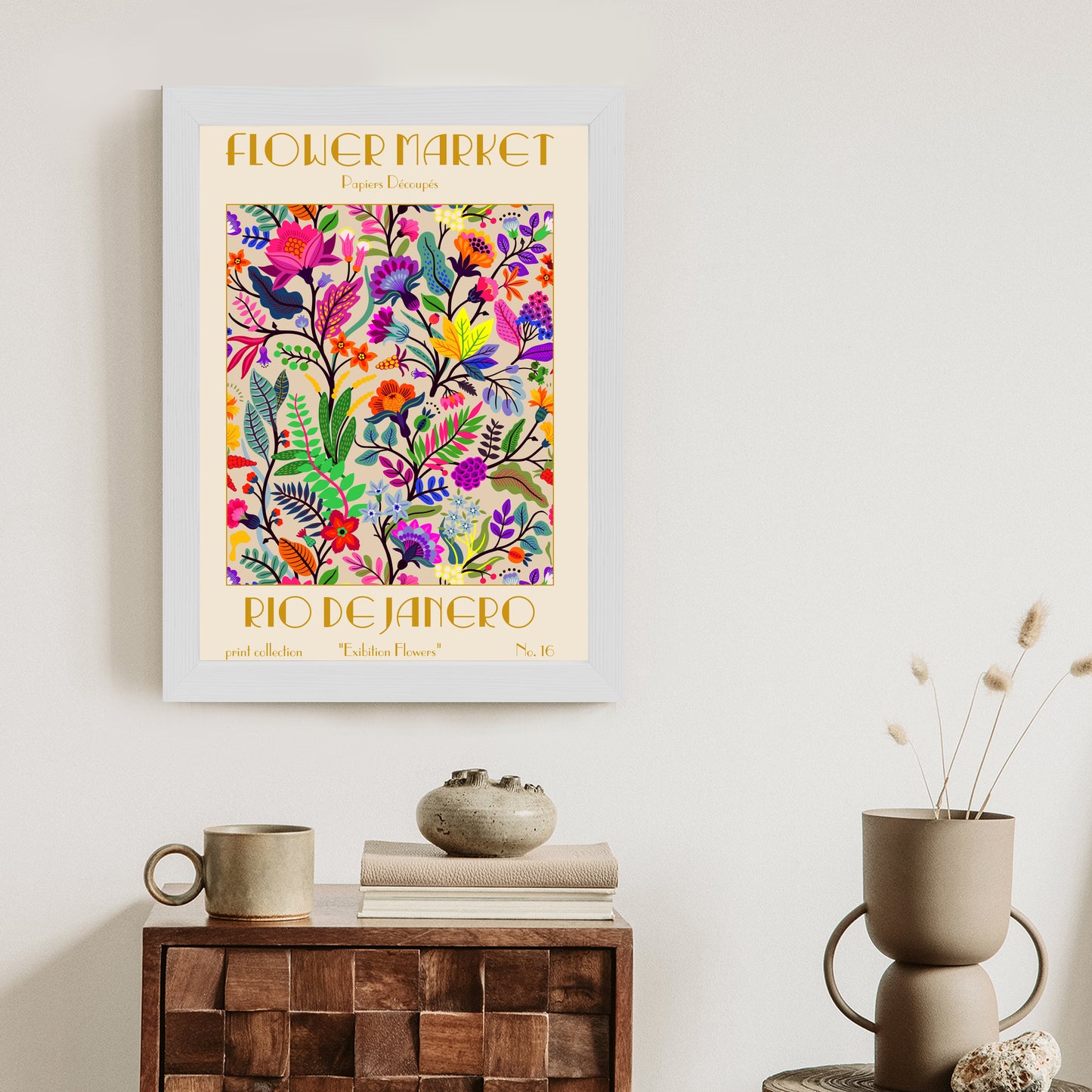 Poster Bunte Blumen Blumenmarkt Rahmen Holz Mit Passepartout Farbe Natürlich