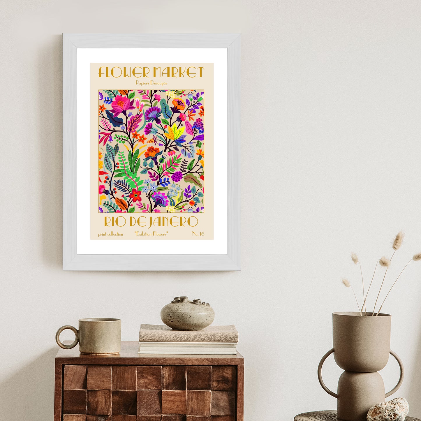 Poster Bunte Blumen Blumenmarkt Rahmen Holz Mit Passepartout Farbe Natürlich