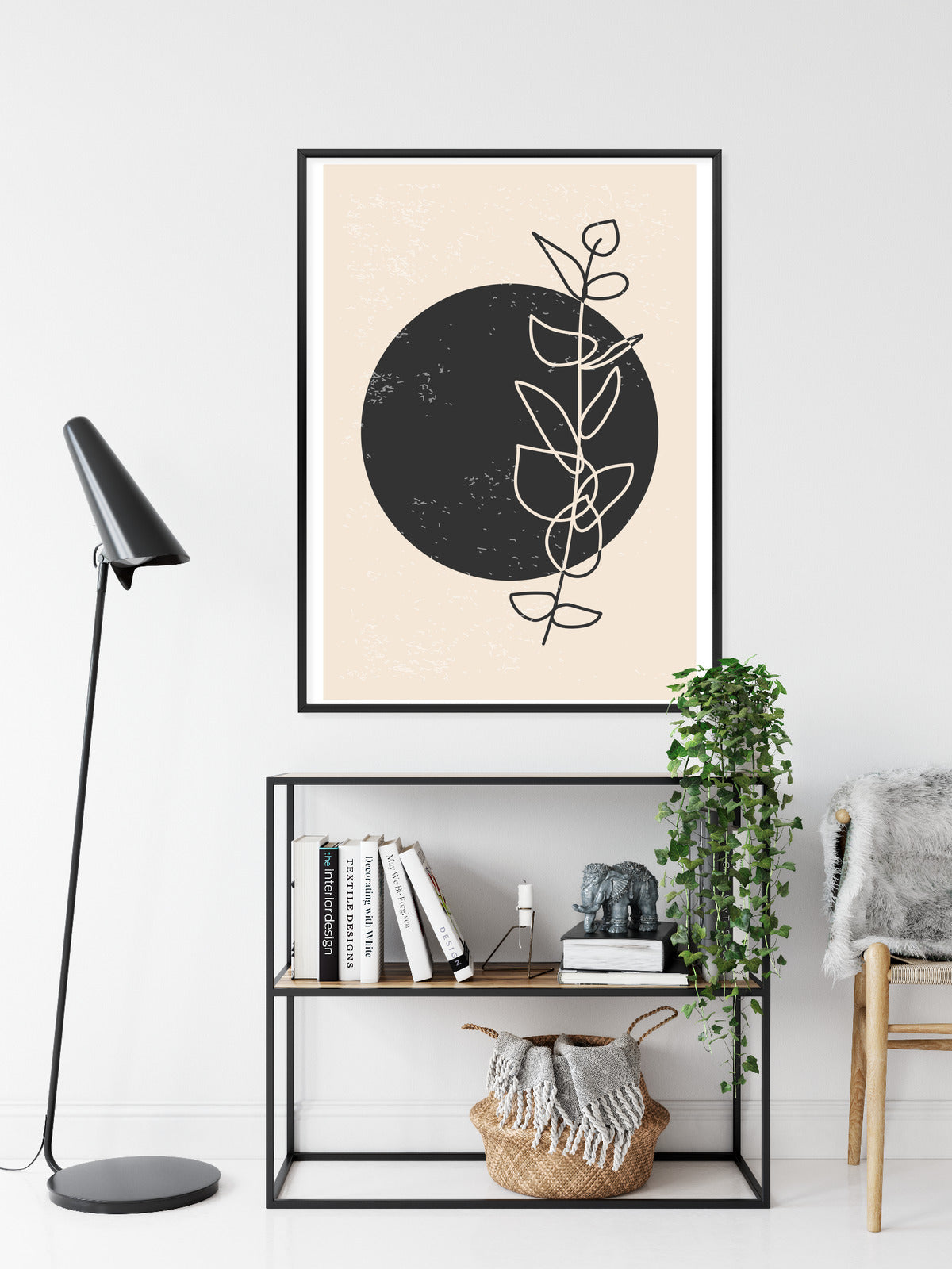 Poster Minimalistischer Zweig Und Kreis Rahmen Holz Mit Passepartout Farbe Natürlich