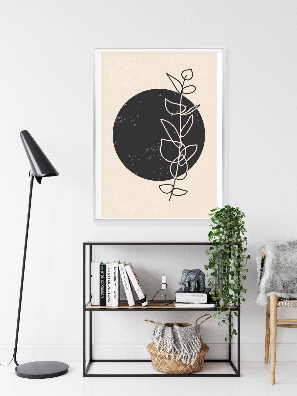 Poster Minimalistischer Zweig Und Kreis Rahmen Holz Mit Passepartout Farbe Natürlich