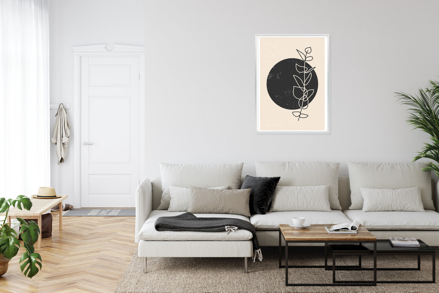 Poster Minimalistischer Zweig Und Kreis Rahmen Holz Mit Passepartout Farbe Natürlich