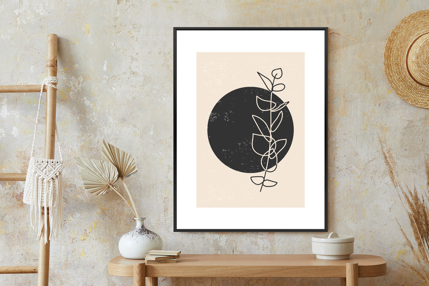 Poster Minimalistischer Zweig Und Kreis Rahmen Holz Mit Passepartout Farbe Natürlich