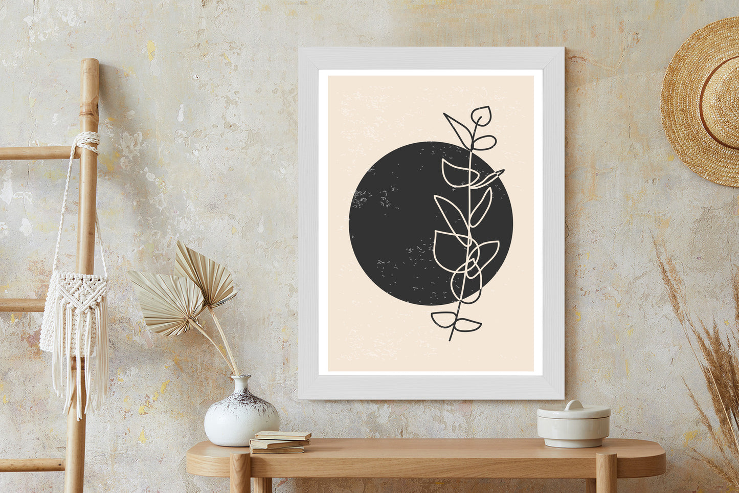 Poster Minimalistischer Zweig Und Kreis Rahmen Holz Mit Passepartout Farbe Natürlich