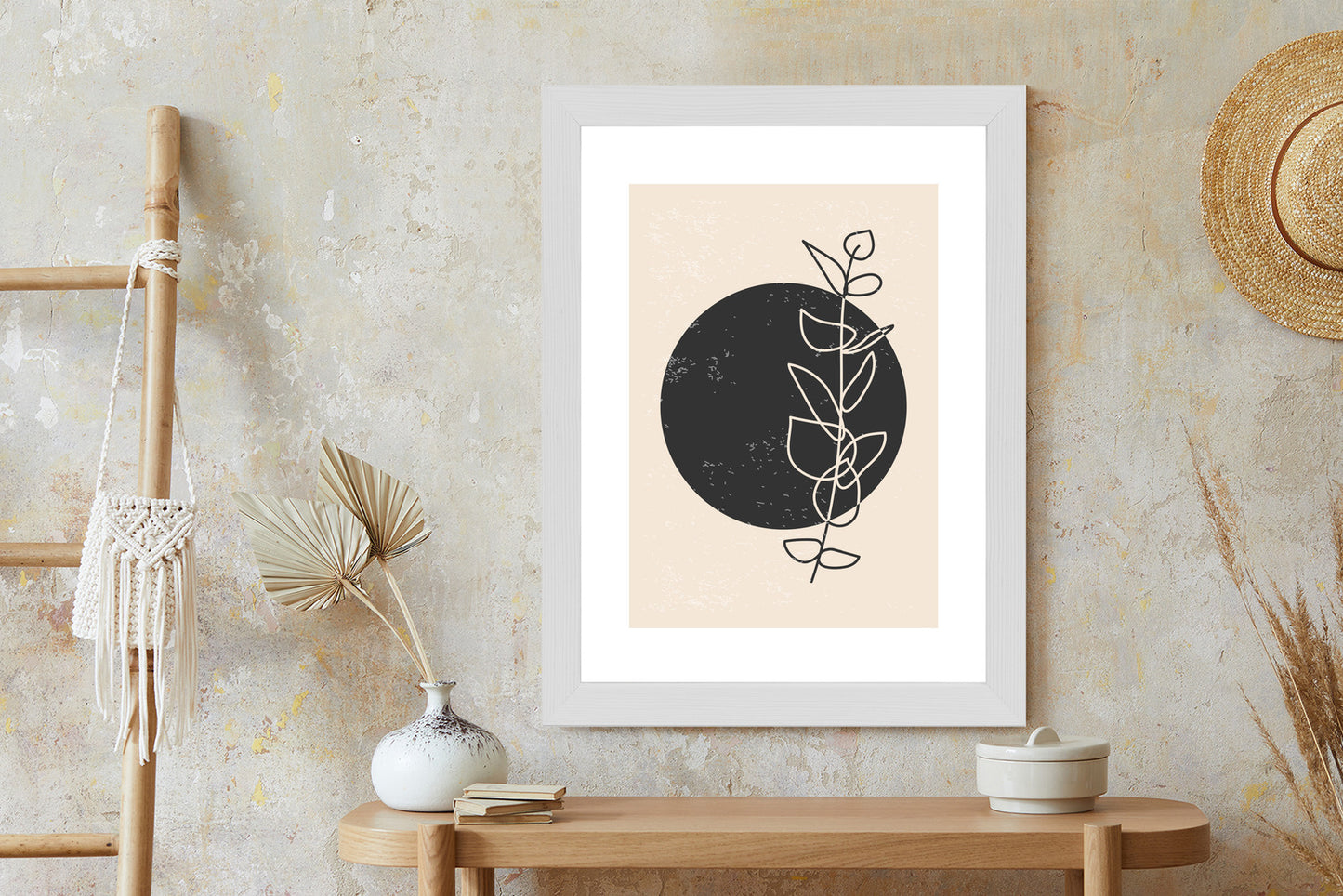 Poster Minimalistischer Zweig Und Kreis Rahmen Holz Mit Passepartout Farbe Natürlich