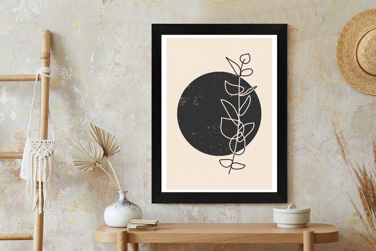 Poster Minimalistischer Zweig Und Kreis Rahmen Holz Mit Passepartout Farbe Natürlich