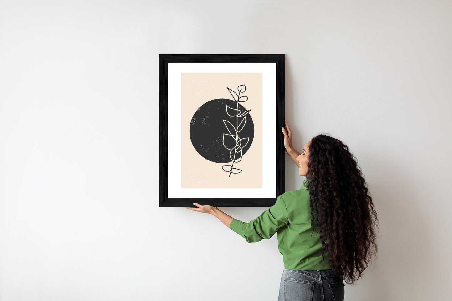 Poster Minimalistischer Zweig Und Kreis Rahmen Holz Mit Passepartout Farbe Natürlich