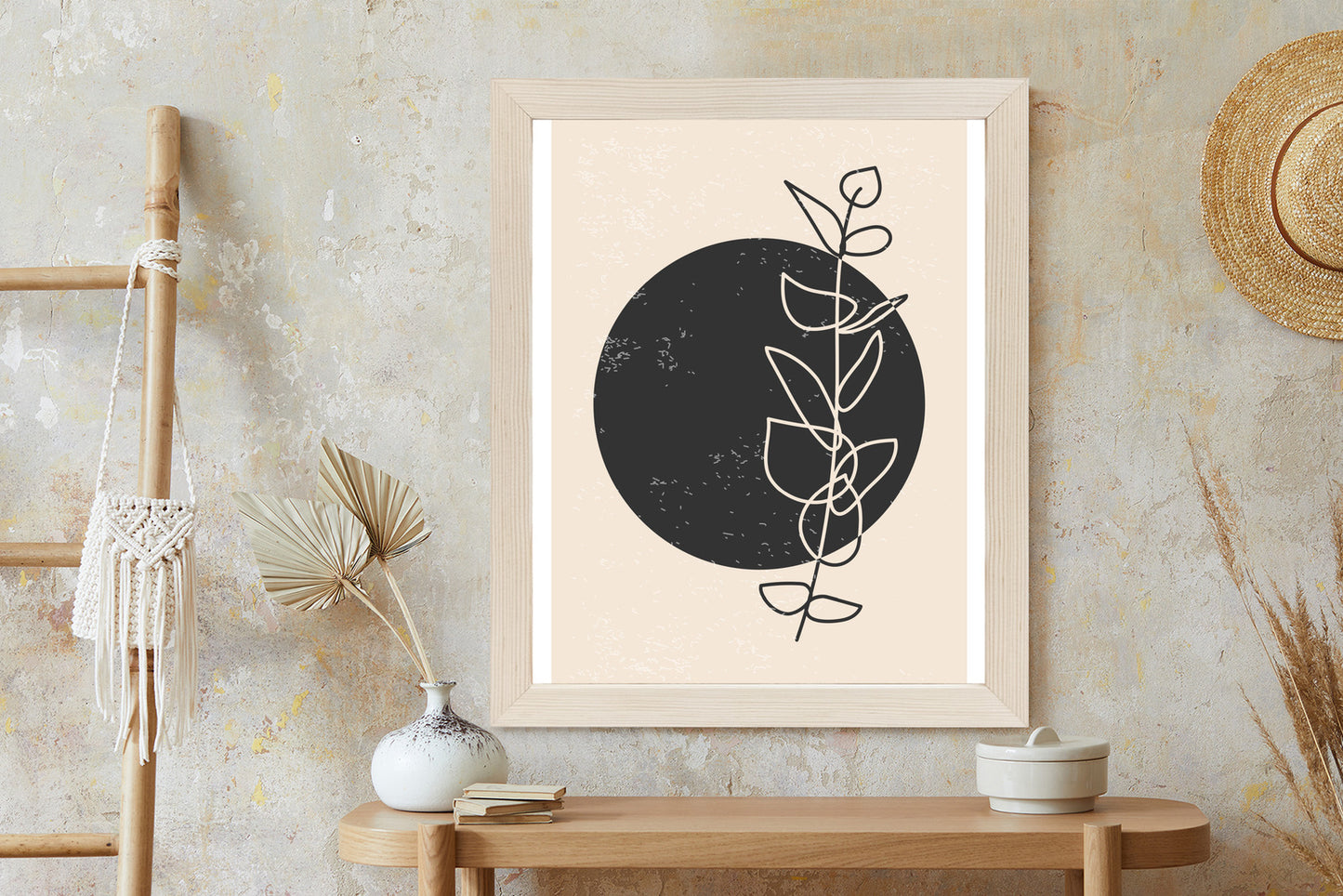 Poster Minimalistischer Zweig Und Kreis Rahmen Holz Mit Passepartout Farbe Natürlich