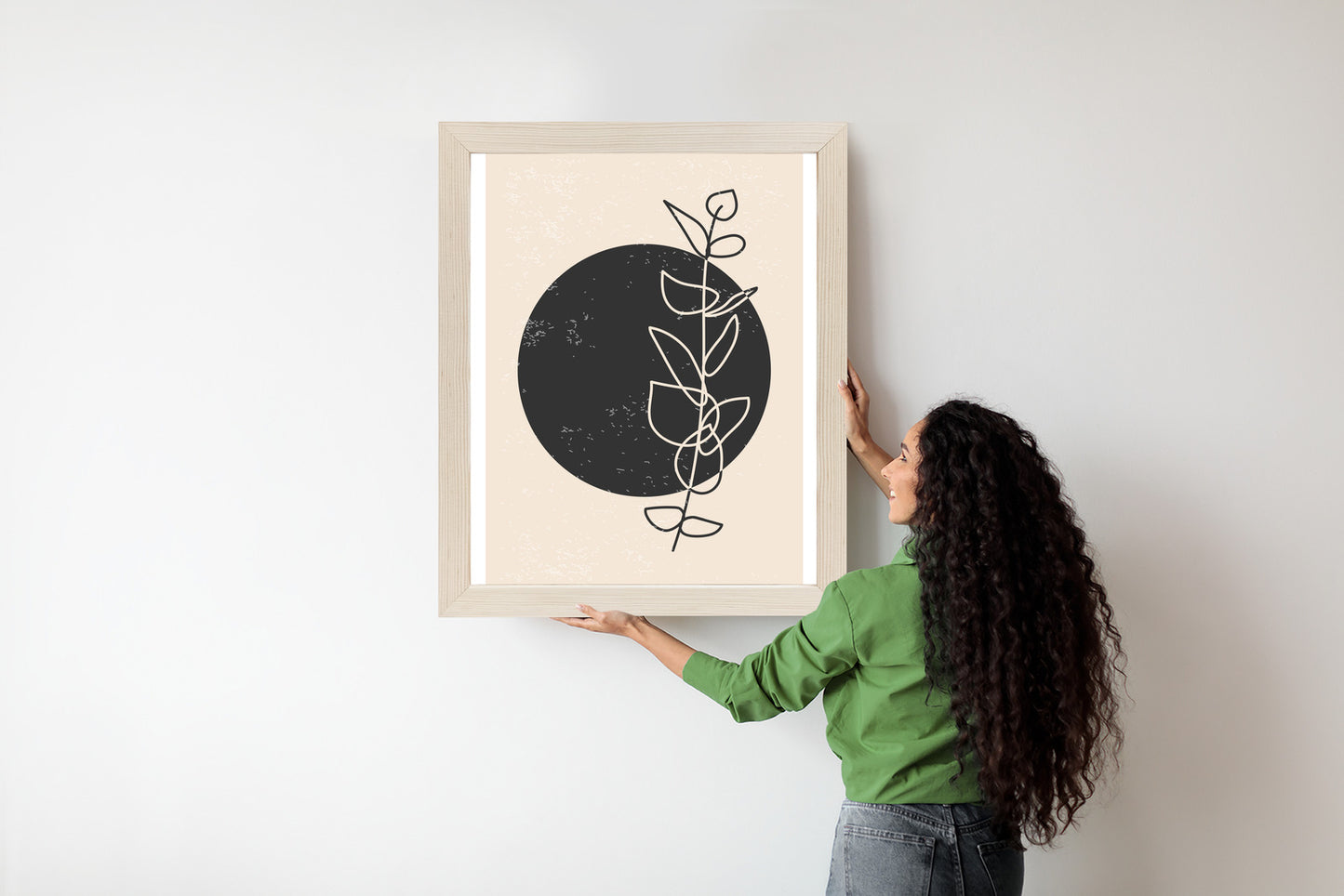 Poster Minimalistischer Zweig Und Kreis Rahmen Holz Mit Passepartout Farbe Natürlich