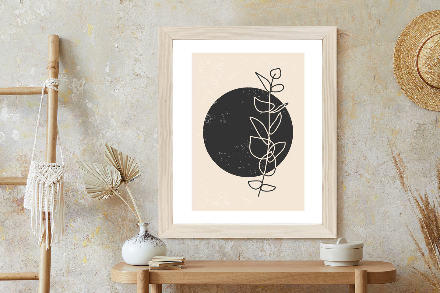 Poster Minimalistischer Zweig Und Kreis Rahmen Holz Mit Passepartout Farbe Natürlich