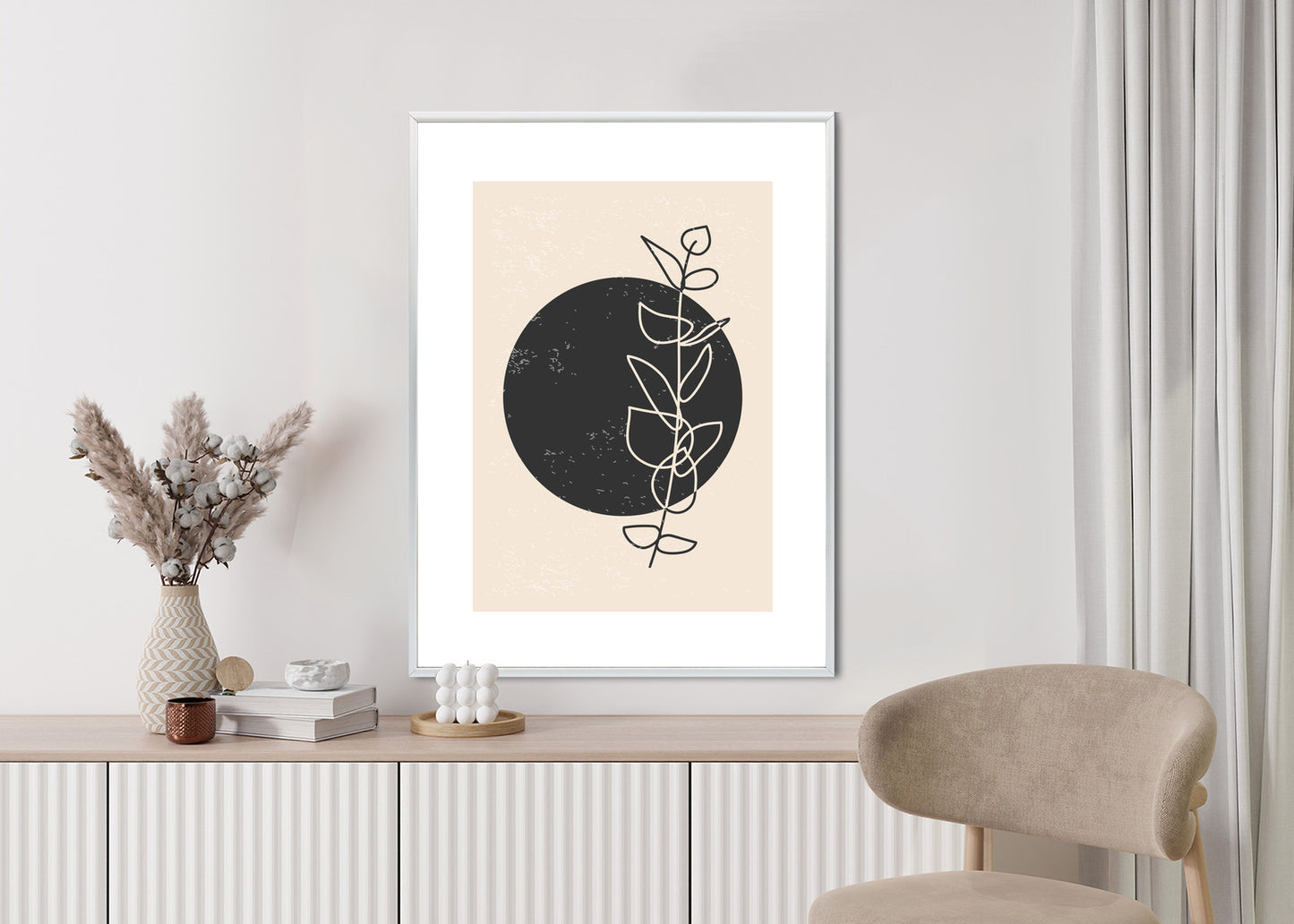 Poster Minimalistischer Zweig Und Kreis Rahmen Holz Mit Passepartout Farbe Natürlich
