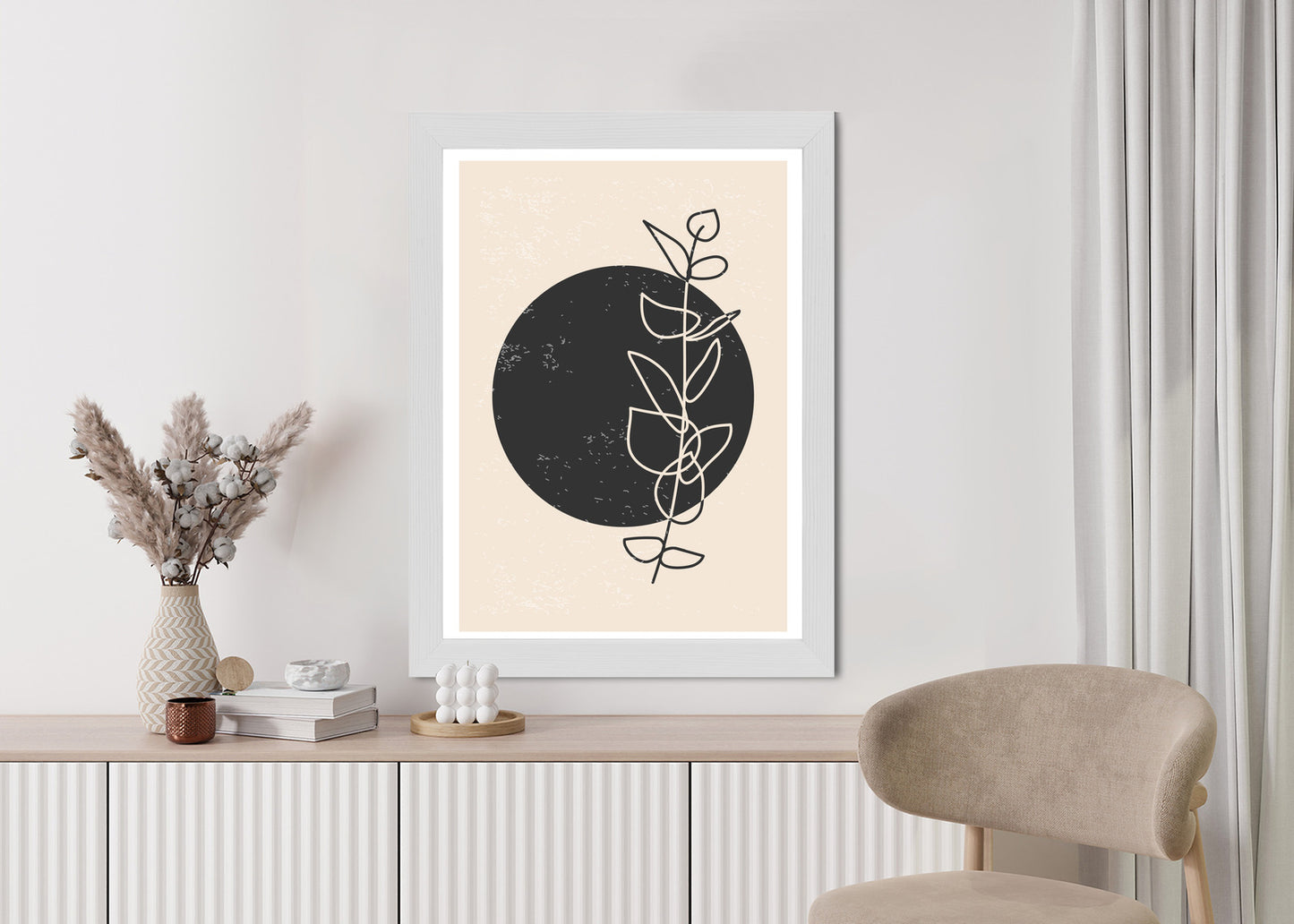 Poster Minimalistischer Zweig Und Kreis Rahmen Holz Mit Passepartout Farbe Natürlich