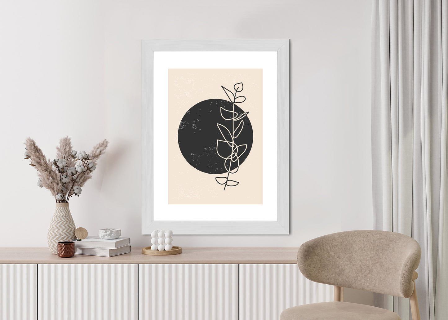 Poster Minimalistischer Zweig Und Kreis Rahmen Holz Mit Passepartout Farbe Natürlich