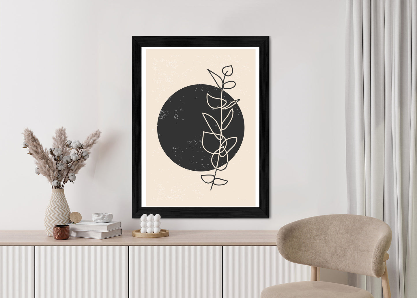 Poster Minimalistischer Zweig Und Kreis Rahmen Holz Mit Passepartout Farbe Natürlich