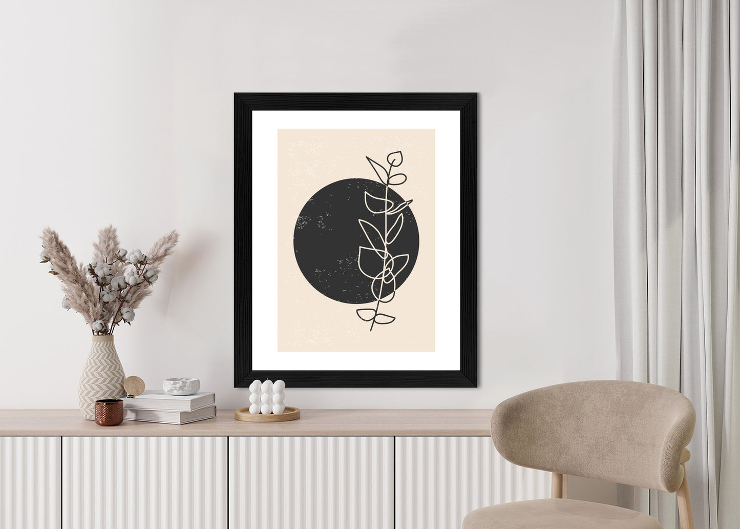 Poster Minimalistischer Zweig Und Kreis Rahmen Holz Mit Passepartout Farbe Natürlich