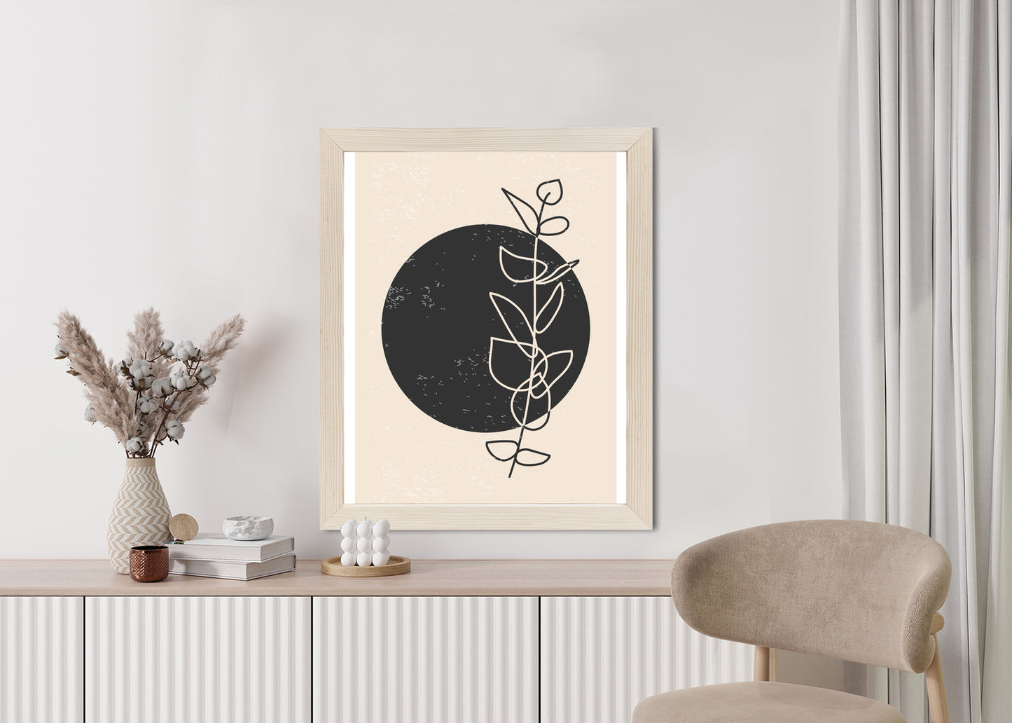 Poster Minimalistischer Zweig Und Kreis Rahmen Holz Mit Passepartout Farbe Natürlich