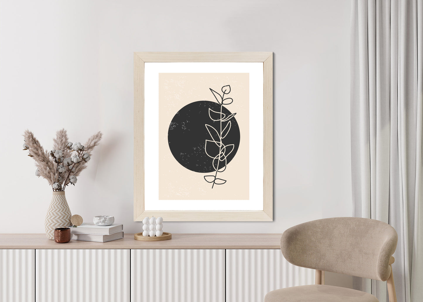 Poster Minimalistischer Zweig Und Kreis Rahmen Holz Mit Passepartout Farbe Natürlich