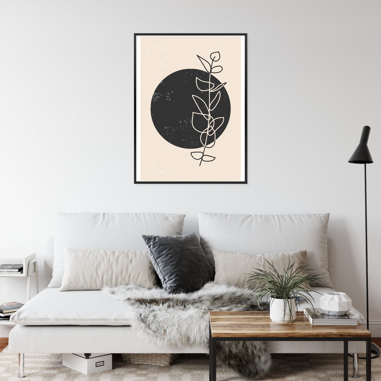 Poster Minimalistischer Zweig Und Kreis Rahmen Holz Mit Passepartout Farbe Natürlich