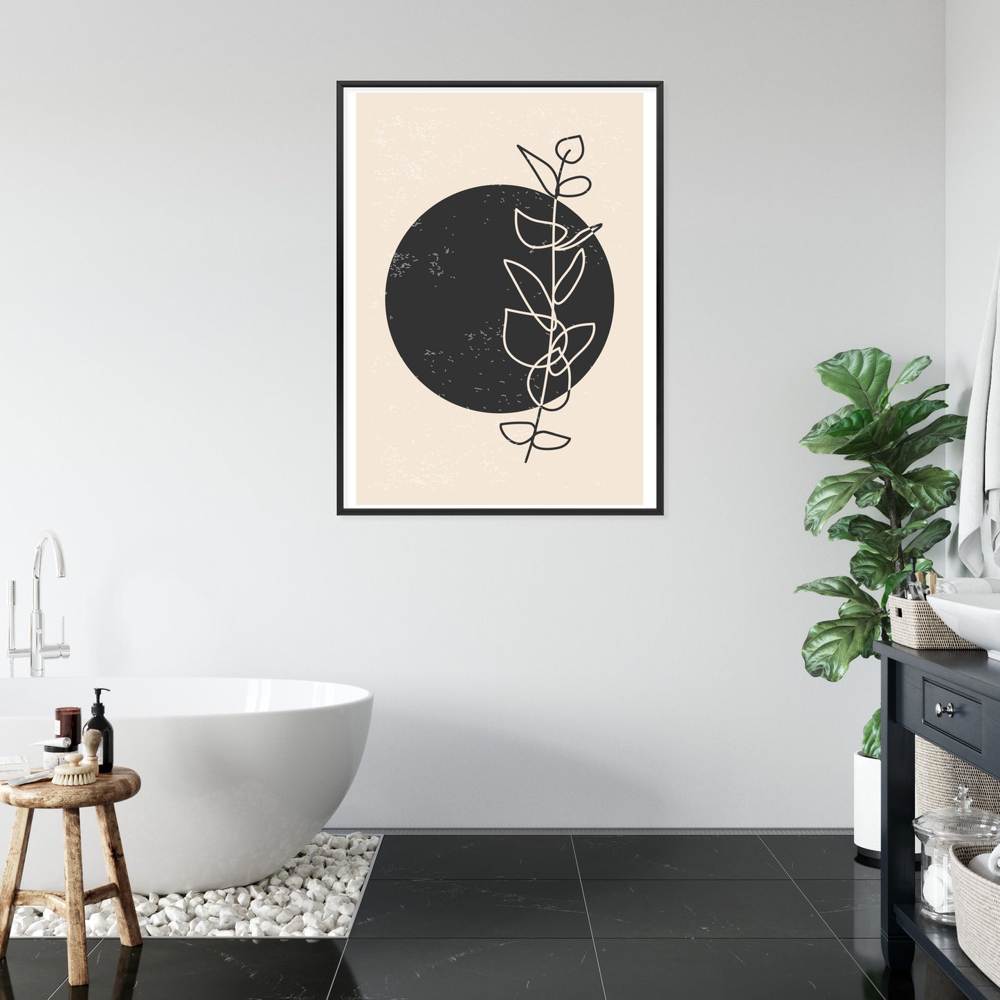 Poster Minimalistischer Zweig Und Kreis Rahmen Holz Mit Passepartout Farbe Natürlich