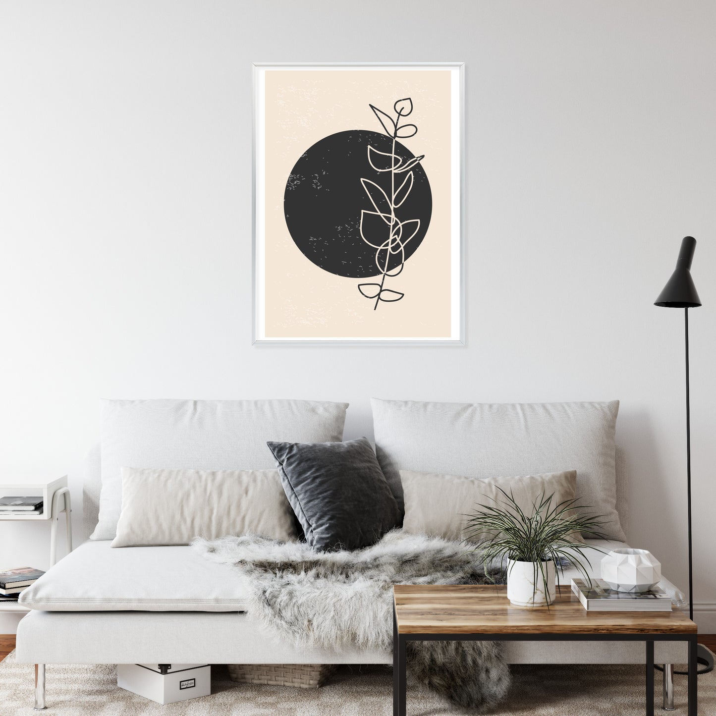 Poster Minimalistischer Zweig Und Kreis Rahmen Holz Mit Passepartout Farbe Natürlich