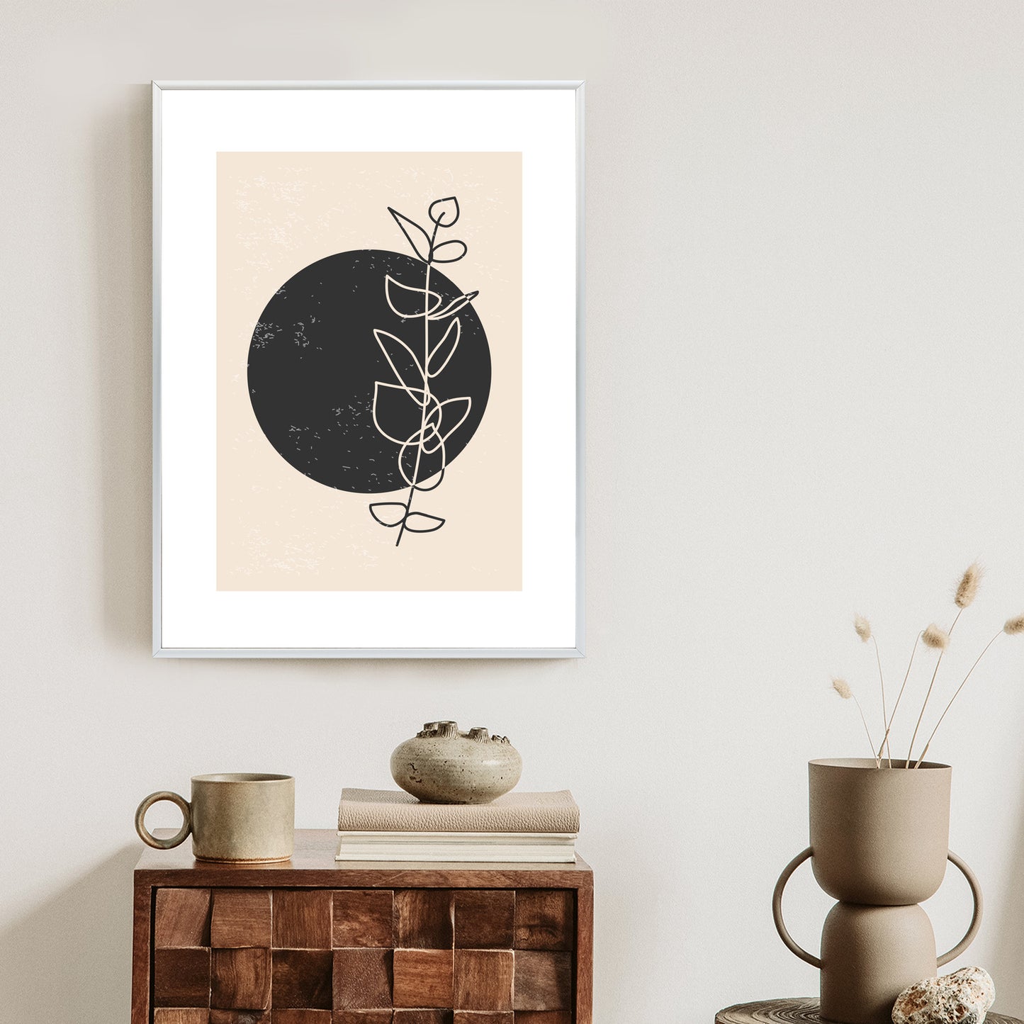Poster Minimalistischer Zweig Und Kreis Rahmen Holz Mit Passepartout Farbe Natürlich