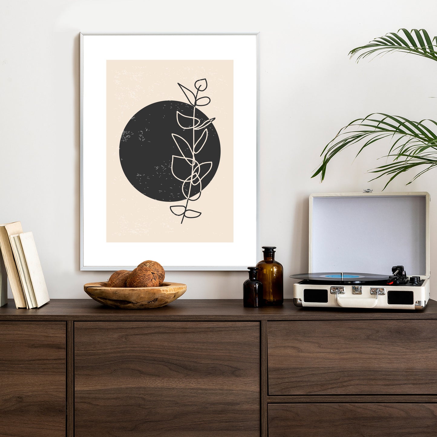Poster Minimalistischer Zweig Und Kreis Rahmen Holz Mit Passepartout Farbe Natürlich