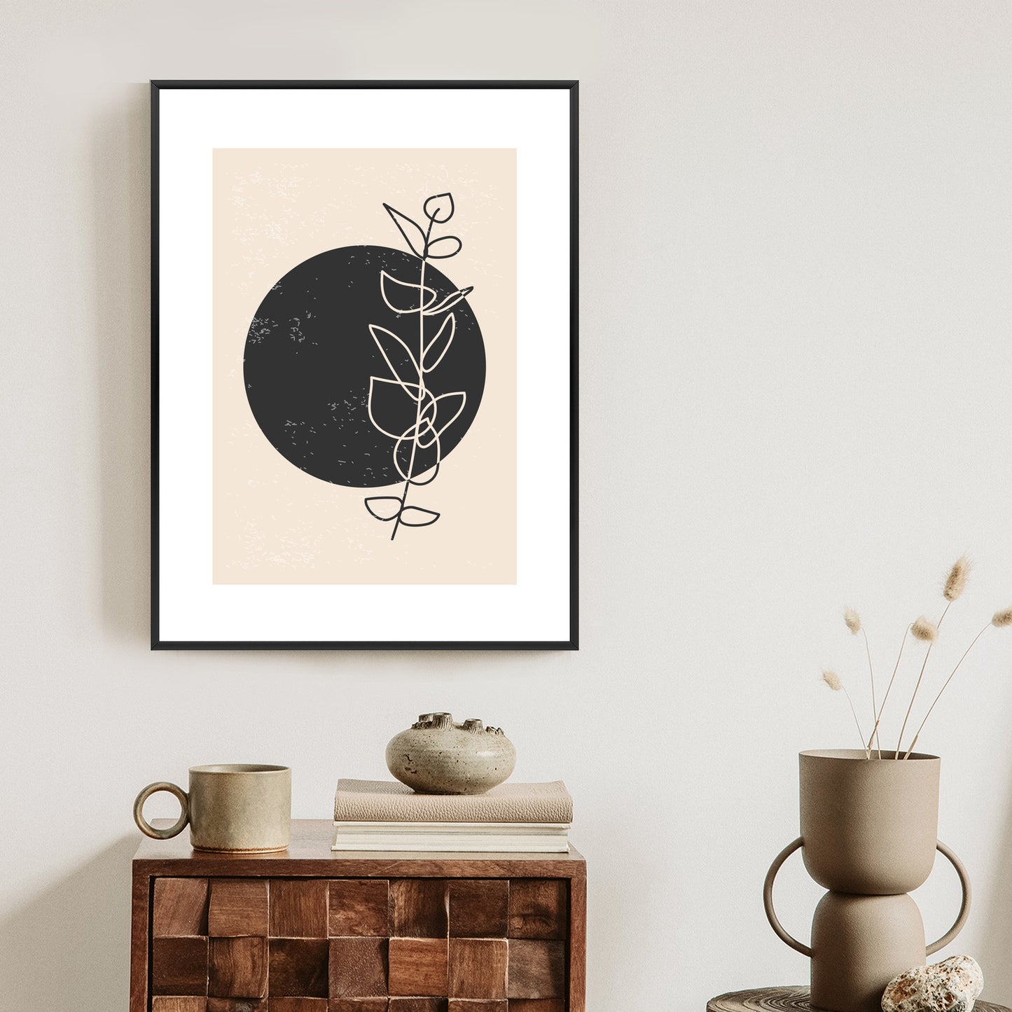 Poster Minimalistischer Zweig Und Kreis Rahmen Holz Mit Passepartout Farbe Natürlich
