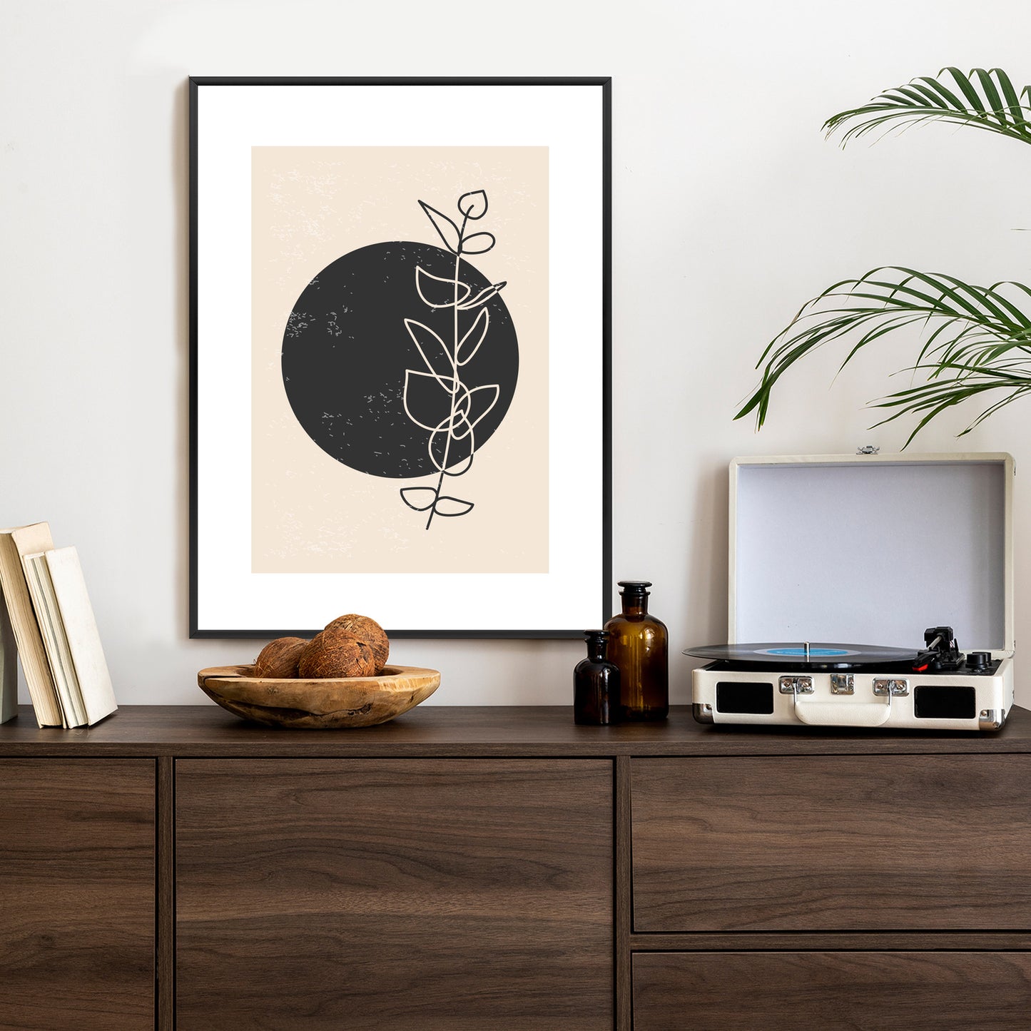 Poster Minimalistischer Zweig Und Kreis Rahmen Holz Mit Passepartout Farbe Natürlich
