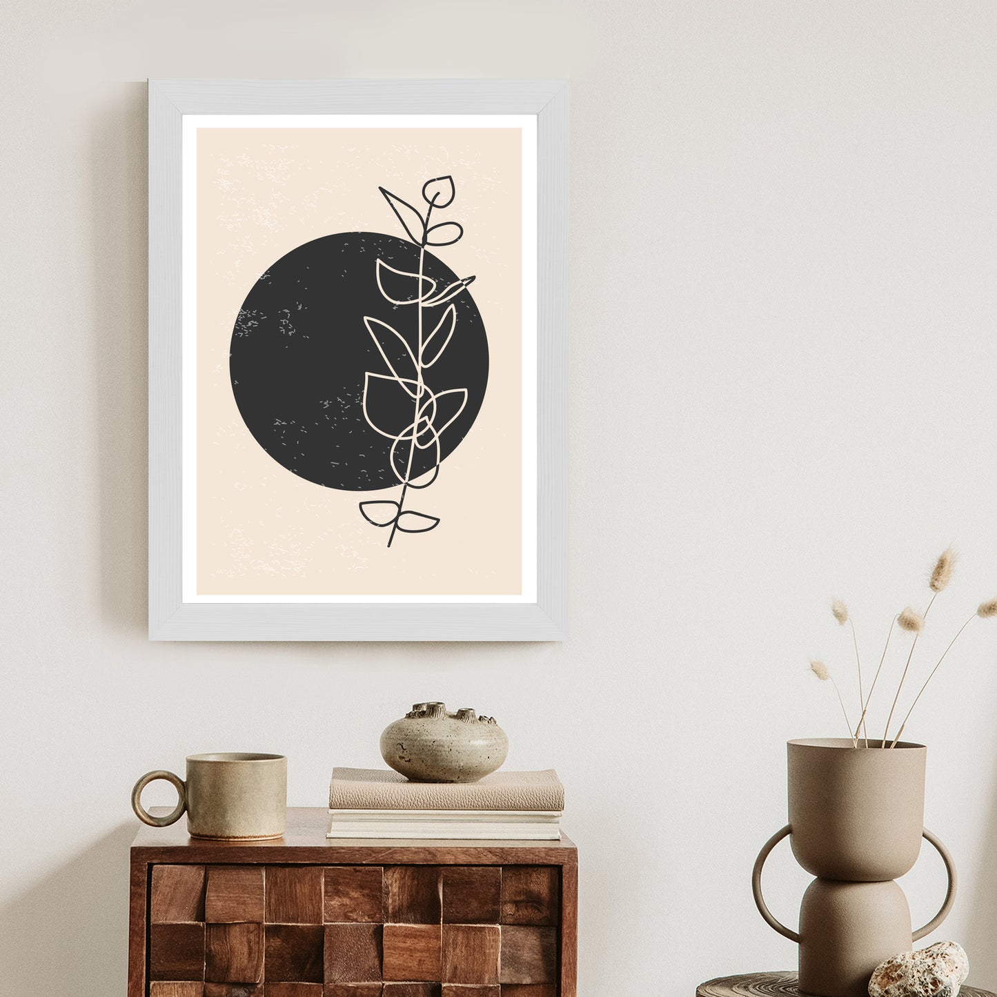 Poster Minimalistischer Zweig Und Kreis Rahmen Holz Mit Passepartout Farbe Natürlich