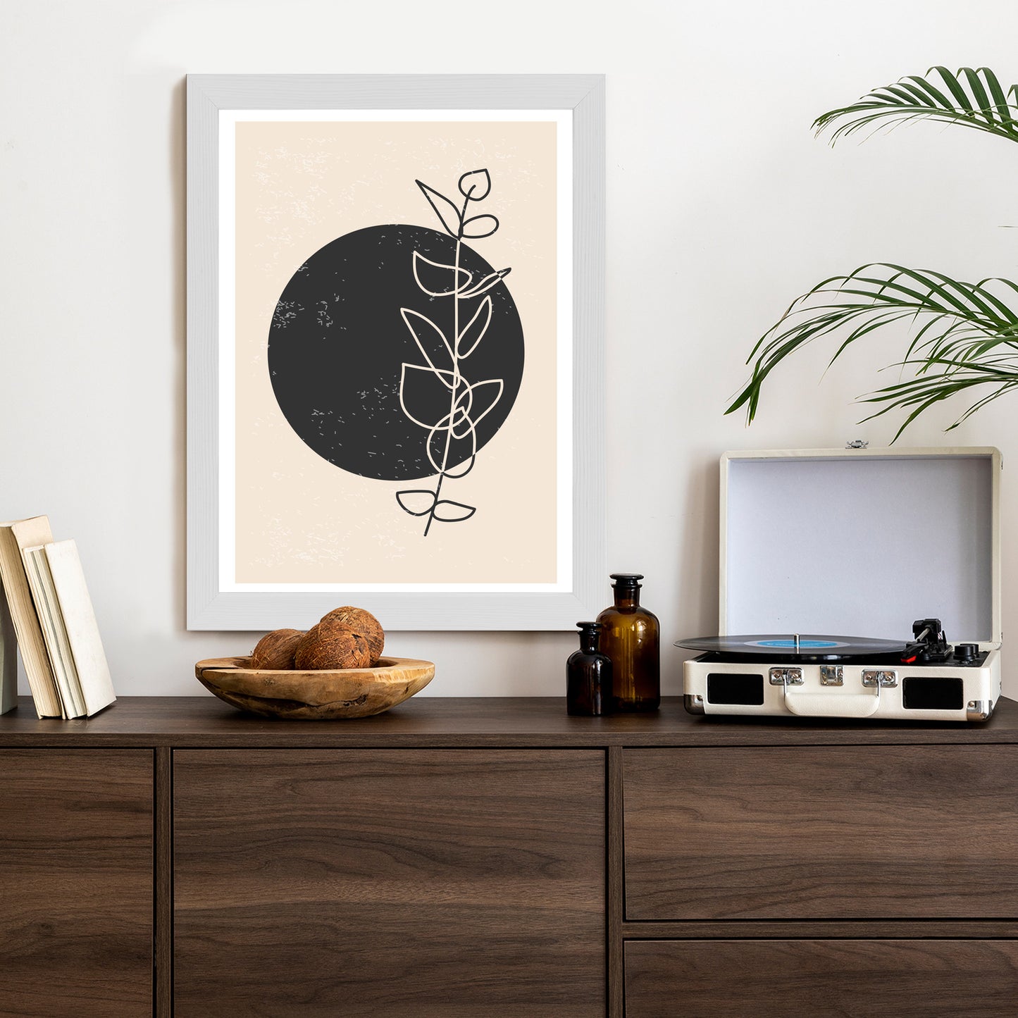 Poster Minimalistischer Zweig Und Kreis Rahmen Holz Mit Passepartout Farbe Natürlich