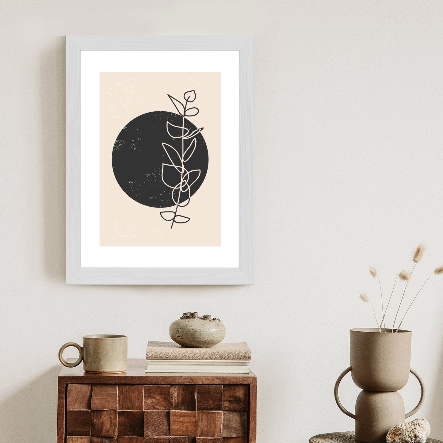 Poster Minimalistischer Zweig Und Kreis Rahmen Holz Mit Passepartout Farbe Natürlich